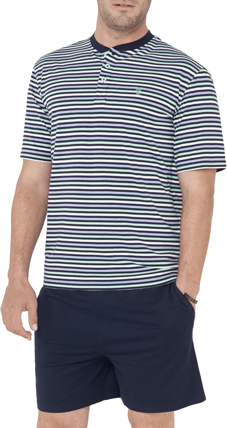 El Búho Nocturno Mens Pajamas Set Summer Short Sleeve Striped Classic Neckless PJs or Knit Comfortable Pajamas for Men Pajama Knit Green 3035 40 X-Large