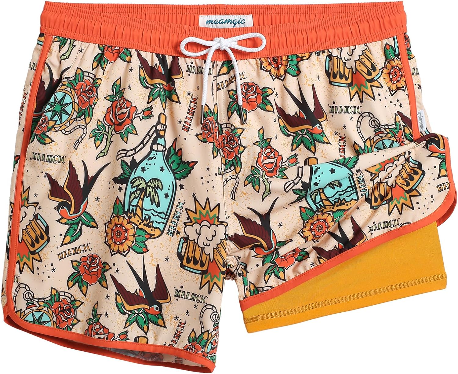 Mens Short 80s 90s Vintage 5.5" Swim Trunks Swimsuits Board Shorts Compression Liner Quick Dry 2 in 1 Beach Swimwear Large Carnation Bird Orange