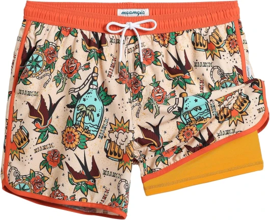 Mens Short 80s 90s Vintage 5.5" Swim Trunks Swimsuits Board Shorts Compression Liner Quick Dry 2 in 1 Beach Swimwear Large Carnation Bird Orange