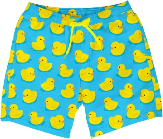 Tipsy Elves Men's Swim Trunks 7 Inch Inseam Classic Fit with Mesh Liner - Quick-Dry Funny Swimwear Bathing Suit Large Blue Rubber Ducky
