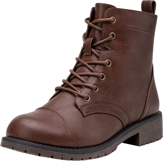 Women's Ankle Boots Lace up, Flat Fashion Combat Booties Low Heel 7 Ankle Booties-910-cognac