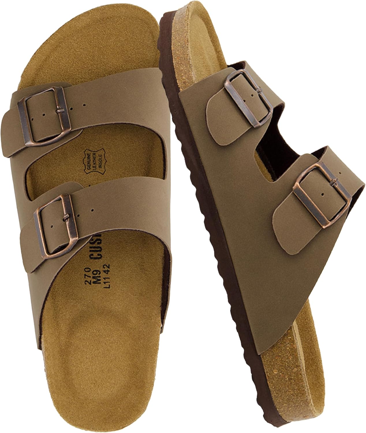 Lane Cork Footbed Mens Sandals, Adjustable Buckle Comfort Slides for Men, Genuine Leather Insole Summer Sandals Men Footwear 10 Brown Nubuck