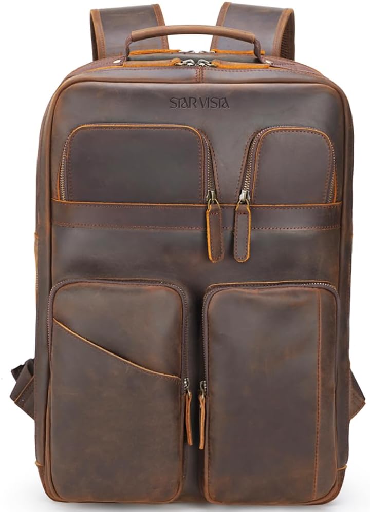 Angelo 17.3" Vintage Full Grain Leather Laptop Backpack for Men, Multi Pockets, Casual Outdoor Business Travel Rucksack, YKK Zippers, Dark Brown