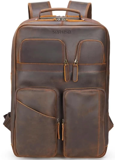 Angelo 17.3" Vintage Full Grain Leather Laptop Backpack for Men, Multi Pockets, Casual Outdoor Business Travel Rucksack, YKK Zippers, Dark Brown