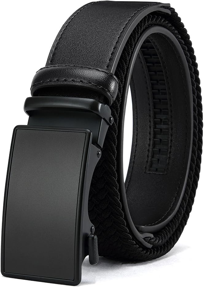 Men's Elastic Leather Ratchet Belt, Braided Stretch Belt, casual Fabric Belt, Design Width 1 3/8" for golf pants jeans Ratchet Belt Black 34"-38"Waist Adjustable