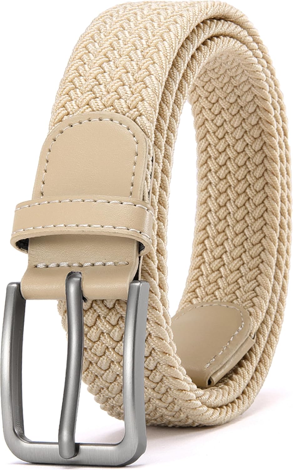 Braided Stretch Belt for Men, Elastic Woven Belt, casual Fabric Golf Belt, 1 3/8" for golf pants jeans, Gift Box 04 Beige 52"-56"Waist Adjustable