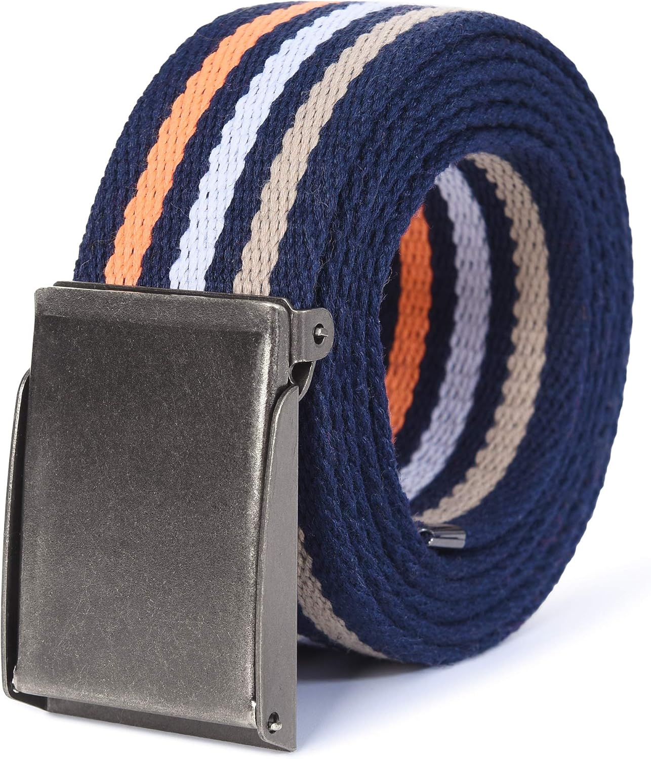 Canvas Web Belt - Cut to Fit Up to 52" - Flip-Top Matte Silver Nickel Buckle 12 Colors Navy White
