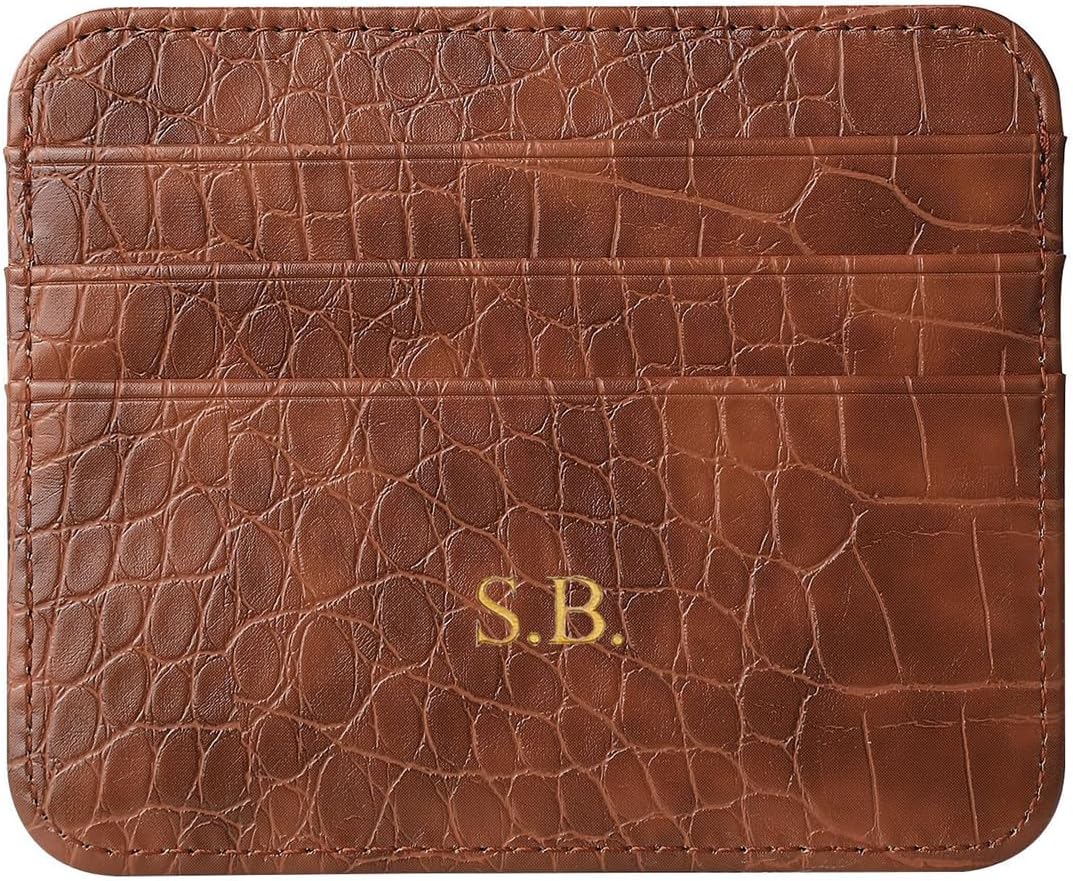 Personalisa Gold Silver Initial letters Credit Card Holder Wallet, PU Leather Ultra Slim Wallet, Thin Minimalist Credit Card Case Card Protector, Front Pocket Wallets for Men, Women (cro-brown)