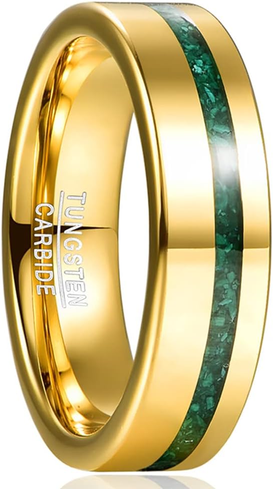 Men's 6mm Gold Tungsten Wedding Bands with Crushed Green Created-Opal/Malachite Inlaid High Polished Finish Size 6-12 malachite 7