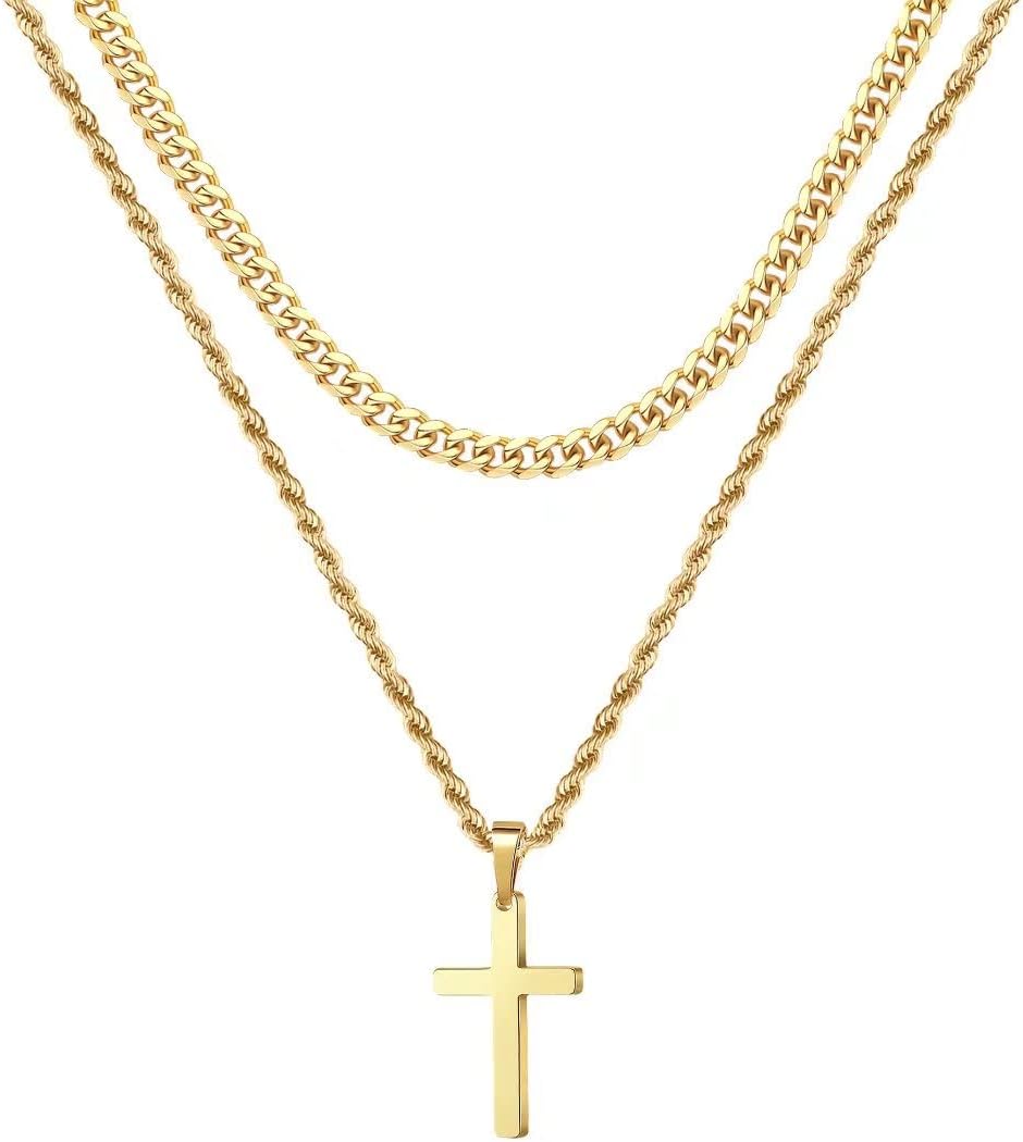 Layered Cross Necklace for Men - 18K Gold Silver Black Cross Necklaces Chain for Men, Layered Rope Chain Necklace Mens Jewelry 16 18 20 22 24 Inch 16inch/18inch Gold