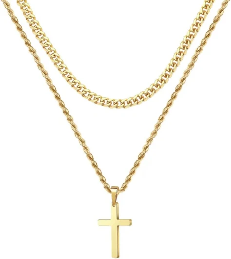 Layered Cross Necklace for Men - 18K Gold Silver Black Cross Necklaces Chain for Men, Layered Rope Chain Necklace Mens Jewelry 16 18 20 22 24 Inch 16inch/18inch Gold