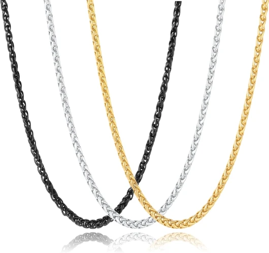 3 Pcs Men Women Chain Necklace, 4mm Stainless Steel Gold Black and Silver Wheat Chains, 18"/22"/26"/30 Inches 22-IN