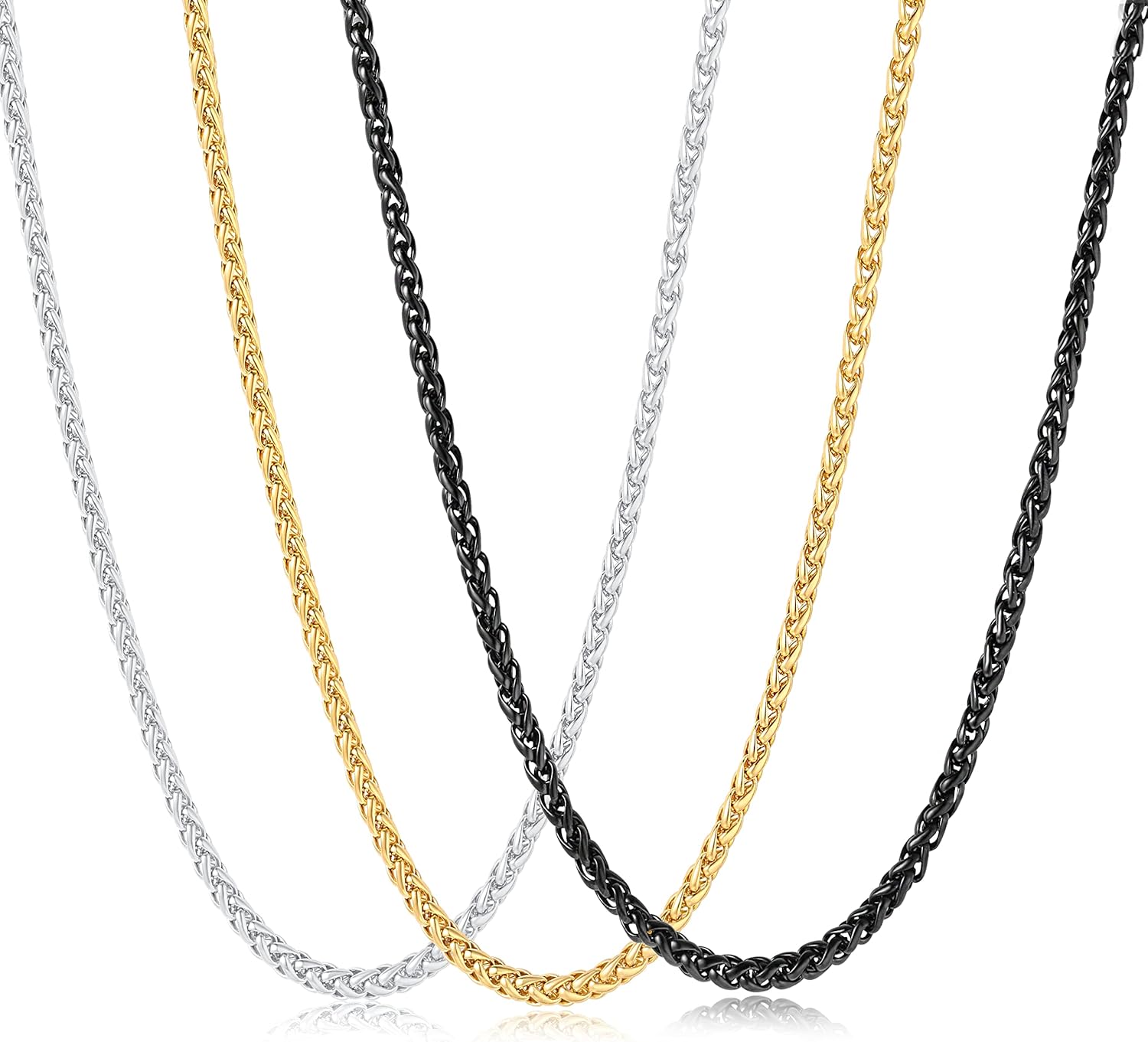 3 Pcs Chain Necklace for Men, 4mm Stainless Steel Gold Black and Silver Wheat Chains for Mens Jewelry Gift, 16"/20"/24"/28"/32 Inches 20.0 Inches