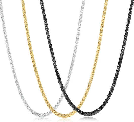 3 Pcs Chain Necklace for Men, 4mm Stainless Steel Gold Black and Silver Wheat Chains for Mens Jewelry Gift, 16"/20"/24"/28"/32 Inches 20.0 Inches