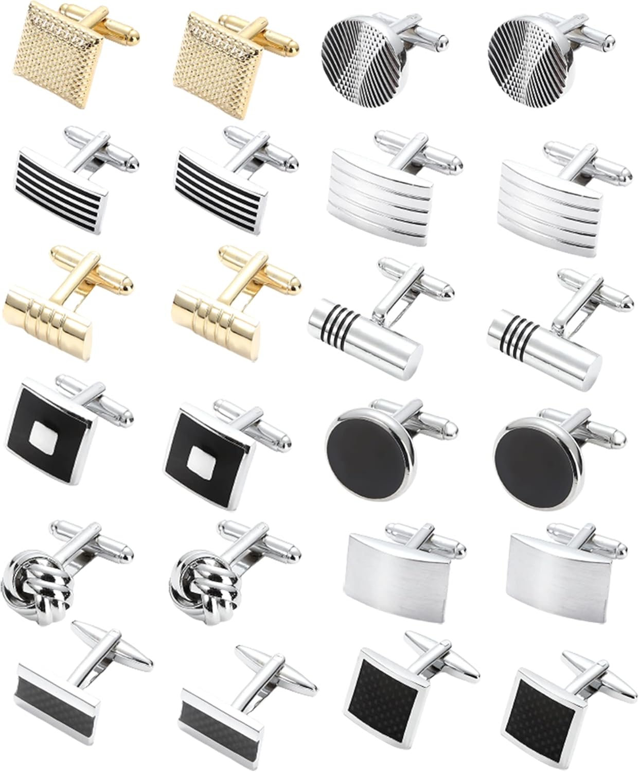 SONNYX 12 Pairs Cufflinks for Men Classic Tone Cuff Links Silver Black Striped Disc Square Rectangle Cuff Links Shirt Suit Men’s Cufflinks For Wedding Groom Business