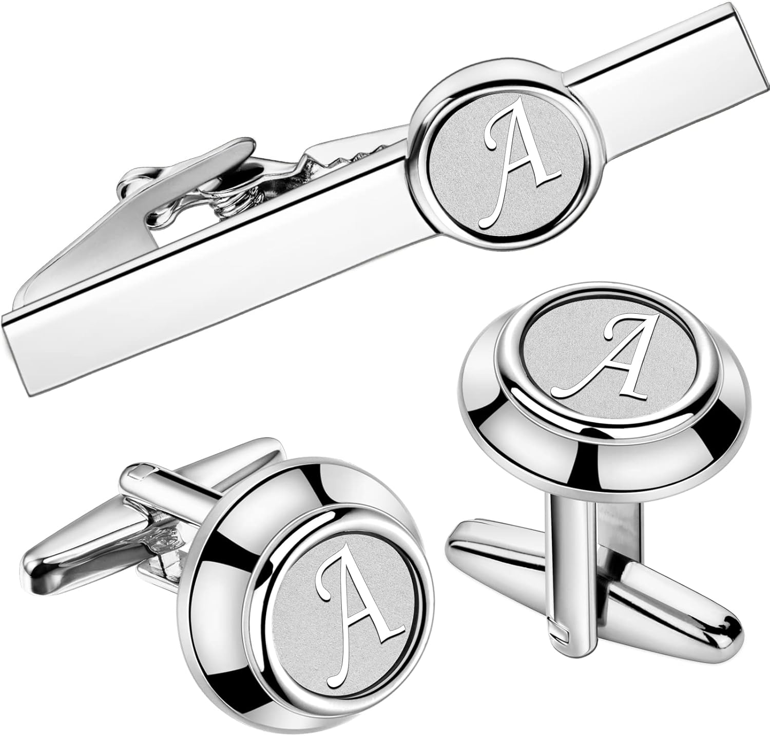 26 Letters Tie Clip and Cufflinks for Men, Initial Tie Bar & Cuff Links Set Necktie Clip for Business, Wedding, Anniversary A(2Cufflink+Tie Clip)