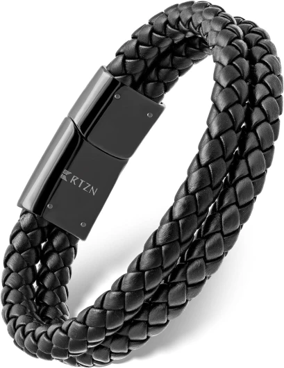 ® Black Leather Bracelets for Men – Premium Artisan Handcrafted Collection – Single, Stacked, & Double Strand Braided Leather, Onyx Stone & Silver Chain Designs – Authentic Men's Leather Bracelets Medium Double Braided