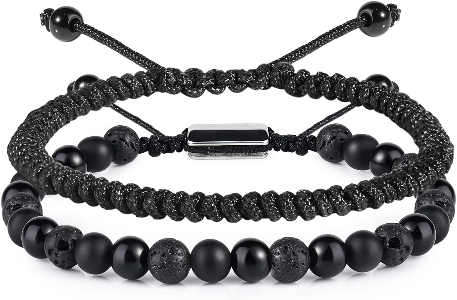 Black Beaded Bracelets for Men Boys: 6mm Obsidian Onyx Lava Beads Mens Bracelet Set Mens Jewelry - Cool Anniversary Valentines Fathers Birthday Gifts for Him Boyfriend Husband Man Son Dad 6mm(Obsidian/Onyx/Lava) & Rope Bracelet Bracelets for Men