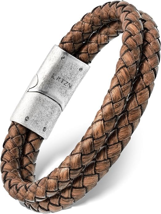 ® Brown Leather Bracelet for Men – Premium Artisan Handcrafted Mens Leather Bracelet – Multi-Stand Mens Bracelet Leather Collection - Beaded Tiger Eye, Silver Chain, and Braided Brown Leather Medium Double Braided
