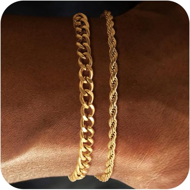 Mens Bracelet, 14K Gold Plated/Streling Silver Bracelets for Men Layered Cuban Rope Chain Bracelets 3mm/5mm Dainty Bracelets for Mens 6.5-9 Inches Gold/Silver Jewelry for Men Gifts Gold 7.in