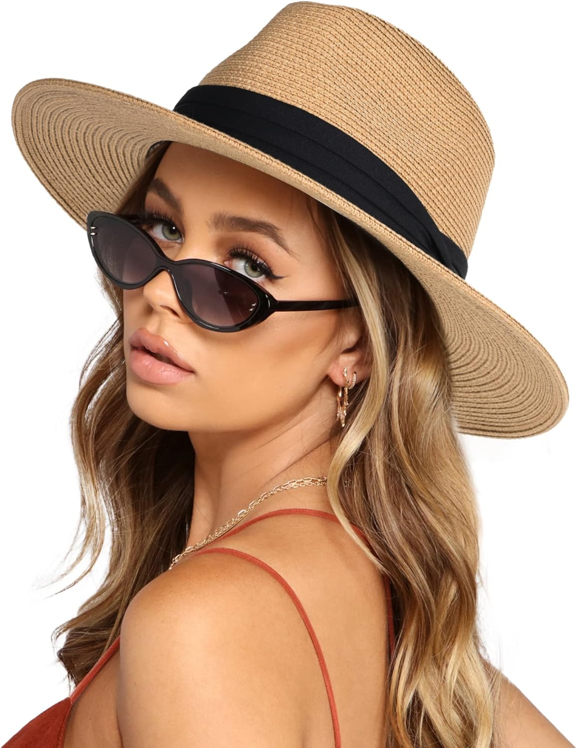 Womens Mens Wide Brim Straw Panama Hat Fedora Summer Beach Sun Hats UPF Straw Hat for Women Medium-Large Khaki