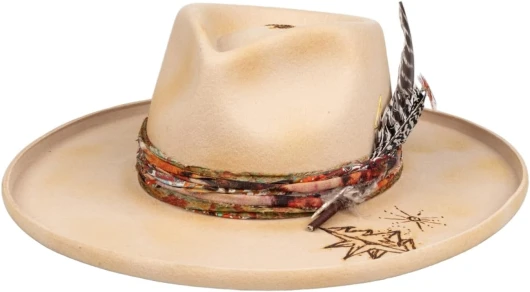Vintage Pencil Brim Fedora Hats 100% Wool Felt Hat Panama Rancher Hat with Lightning Logo Handmade Distressed/Burned 7 5/8 Cream