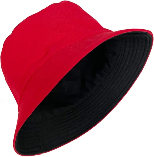 PFFY Bucket Hat for Women Men Cotton Summer Sun Beach Fishing Cap Small--Medium （22-22.8inch） Black/Red (Reversible)