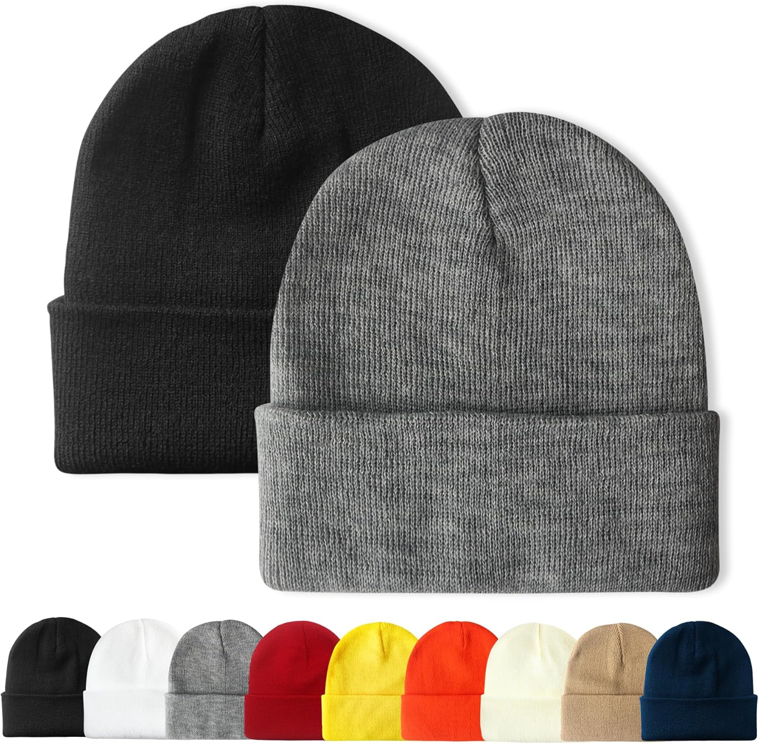 PFFY Unisex Beanie Hats for Men Women Knit Winter Beanies 2 Packs-Classic One Size Black+gray