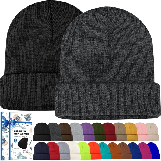 Beanies for Men Women 2 Pack Fall Winter Men's Hats Unisex Warm Knit Skullies Beanies Soft Ski Caps Black and Dark Gray