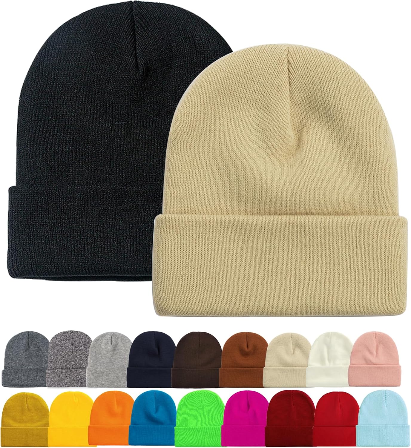 1&2 Pack Beanie for Men Women Slouchy Beanie Hats Winter Knit Caps Soft Ski Hat Unisex 2pack-black&beige