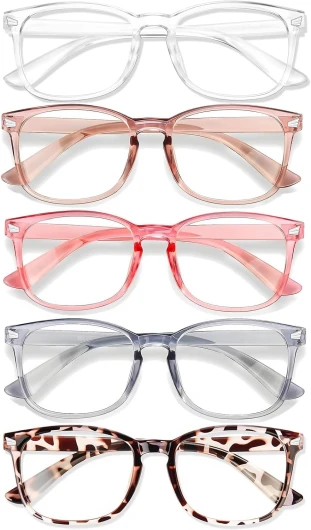 Blue Light Glasses for Woman Men - 99% Blue Light Blocking Glasses for Computer Gaming TV Phone Screen Square Frame - Anti Eyestrain & UV Glare Protection - 5 Pair 5 Pack Mix Color-1 Clear