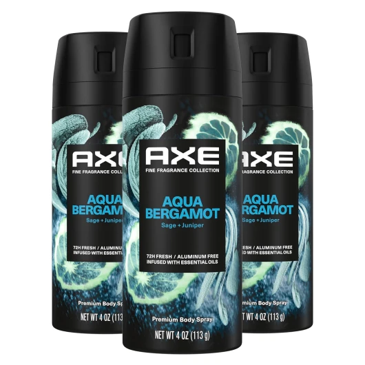 Fine Fragrance Collection Premium Deodorant Body Spray for Men Aqua Bergamot 3 Count with 72H Odor Protection and Freshness Infused with Aqua, Bergamot, and Sage Essential Oils 4 oz