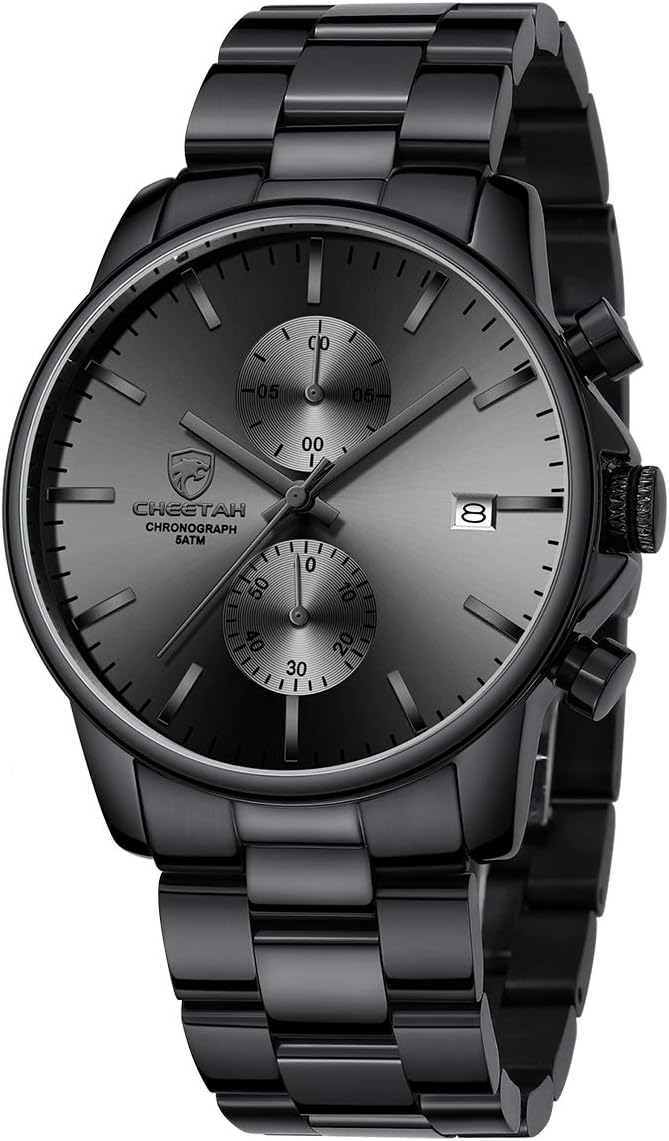 Fashion Business Mens Watches with Stainless Steel Waterproof Chronograph Quartz Watch for Men, Auto Date Black