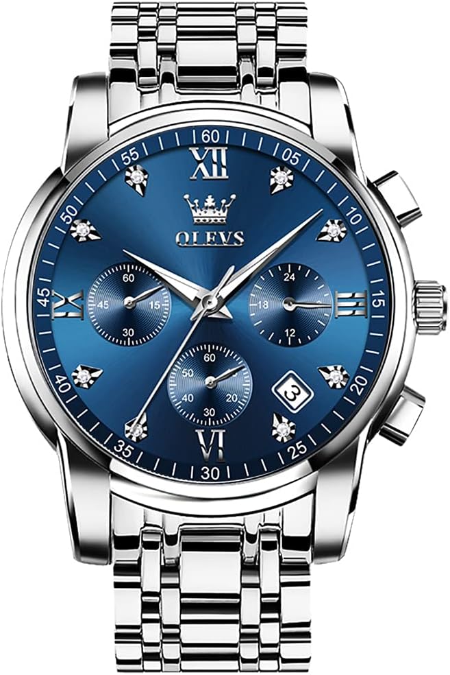 Men's Stainless Steel Chronograph Watch, Big Face Gold Silver Black Tone Easy to Read Analog Quartz Watch, Luxury Waterproof Date Diamond Roman Arabic Numerals Dial Dress Watch for Men Blue Face/Silver Strap