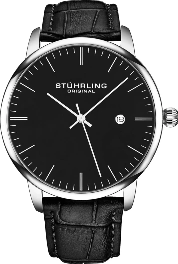 Mens Black Watch Calfskin Leather Strap Classic Dress Wrist Watch Minimalist Analog Watch Dial with Date Mens Black Watch