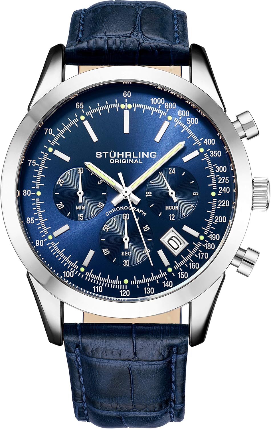 Mens Watches Chronograph Analog Blue Watch Dial with Date - Tachymeter 24-Hour Subdial Mens Blue Leather Strap - Watches for Men Rialto Collection