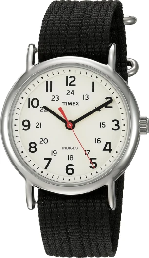 Weekender 38mm Unisex Analog Watch - INDIGLO Backlight - Adjustable Durable Nylon Fabric Slip Through Strap - 24 Hour Time Black/Silver-Tone/Cream