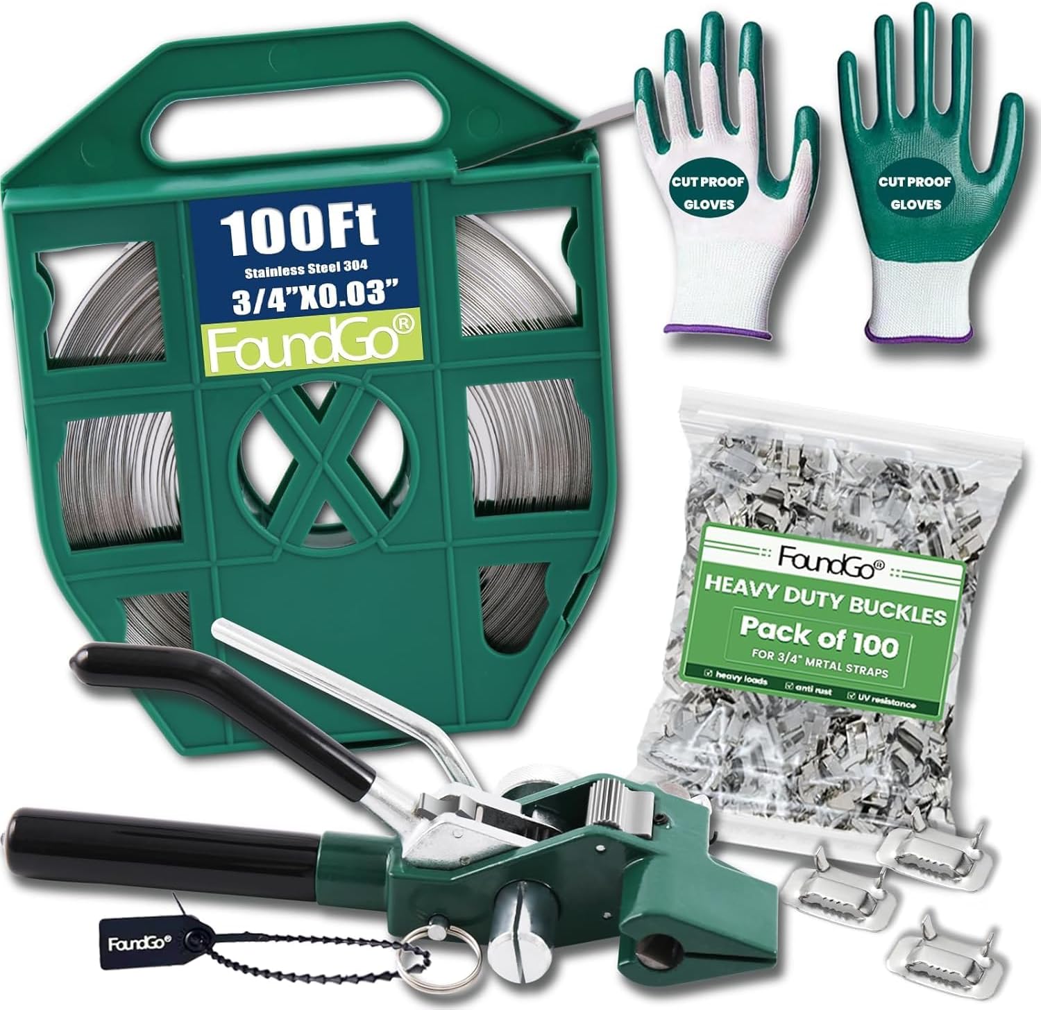 Stainless Steel Strapping Banding Kit for High Tensile Heavy Duty Pallet Metal Packaging with Tensioner Tool,3/4in*100ft 304 Stainless Steel Banding,100 Metal Seals,Hammer,Gloves