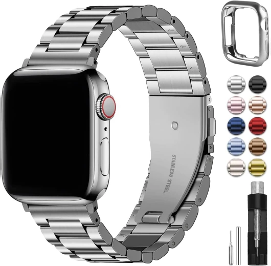 Metal Band Compatible with Apple Watch Bands 45mm 44mm 42mm 46mm 49mm 41mm 40mm 38mm, iWatch Band with Case for Apple Watch Series 11 10 9 8 7 6 5 4 3 2 1 SE3/2/1 Ultra3/2/1 , 42mm 44mm 45mm, Silver 45mm 44mm 42mm(S3/2/1) Silver