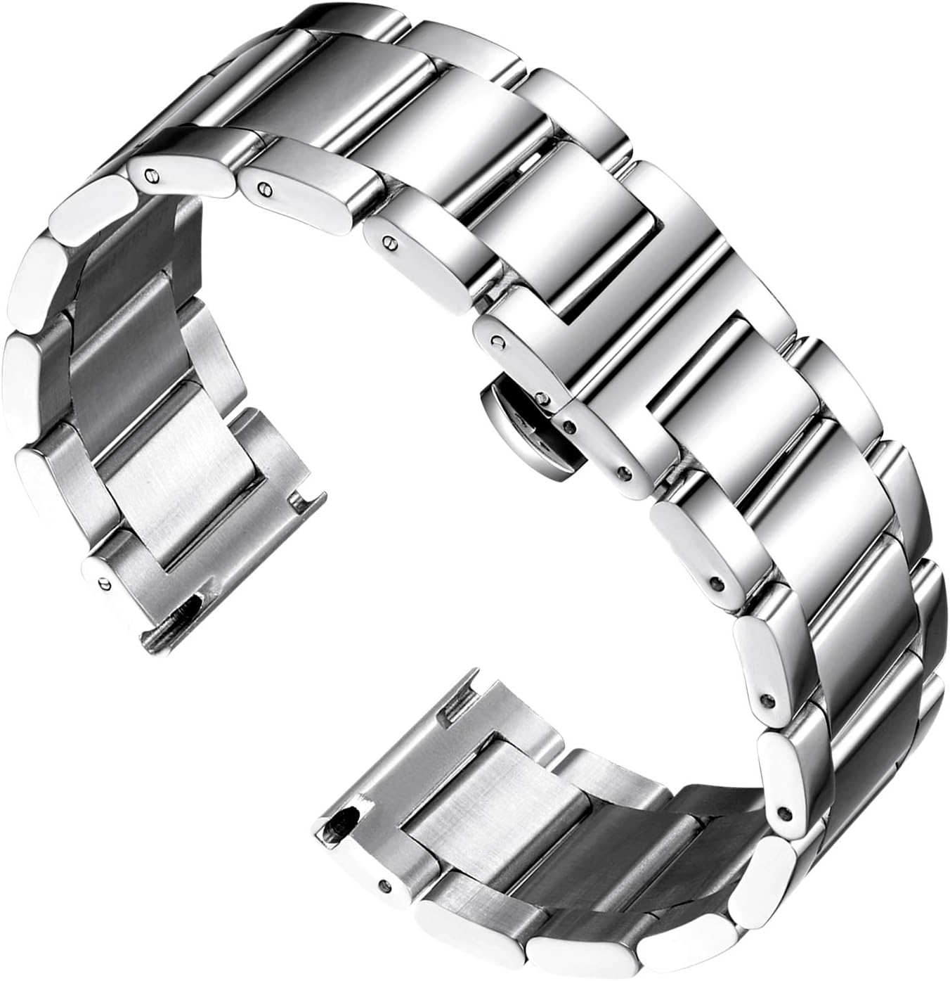 Thick Stainless Steel Watch Band Metal Heavy Polished Matte Brushed Finish Watch Strap Replacement for Men Women 16mm/18mm/20mm/21mm/22mm/23mm/24mm/26mm(Polished Silver,20mm) Polished Silver 20MM