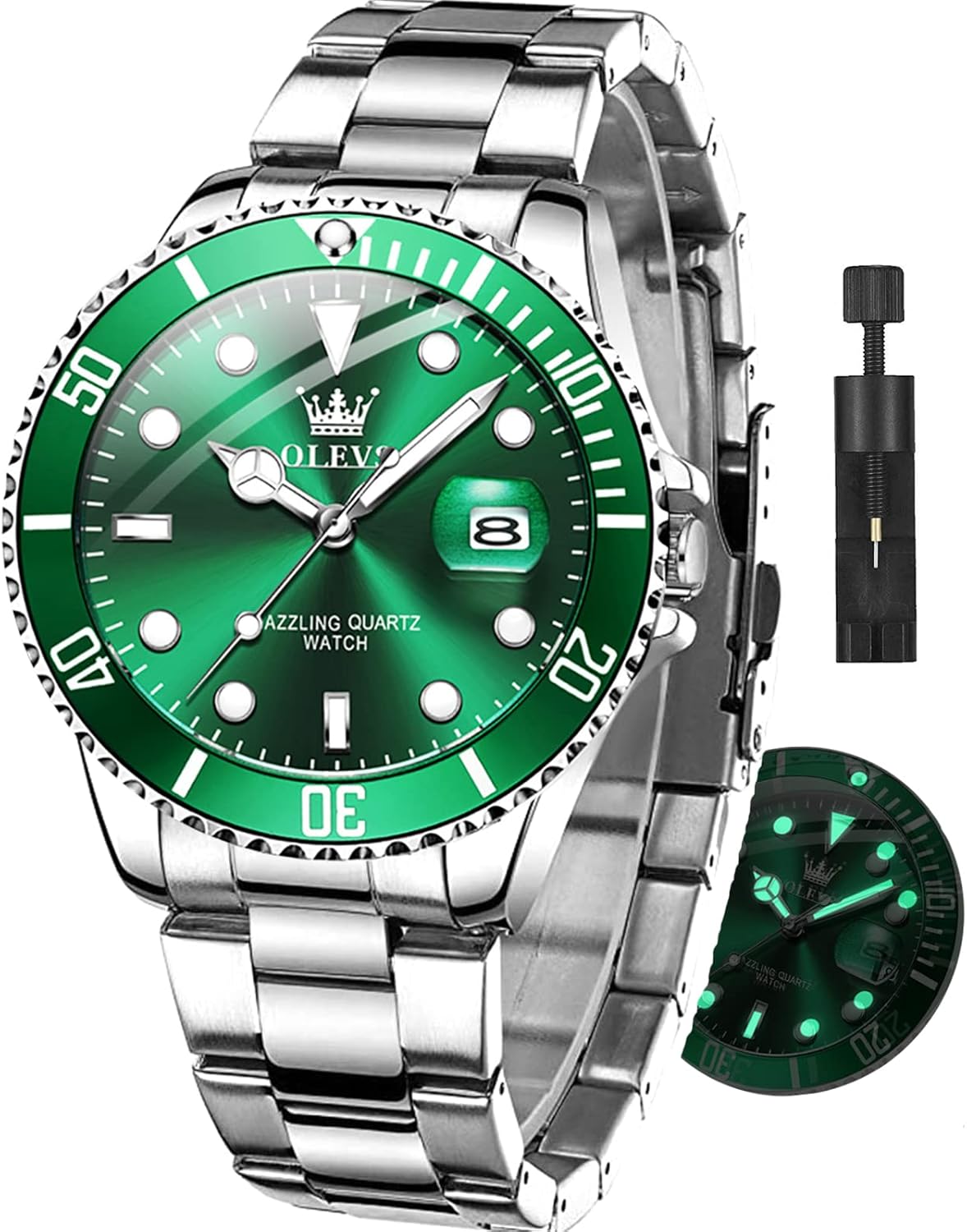 Watches for Men with Date Luxury Big Face Waterproof Mens Wristwatch Analog Dress Two Tone Stainless Steel Man Watch Luminous Relojes De Hombre Calendar(Green/Blue/Black Dial Silver Green