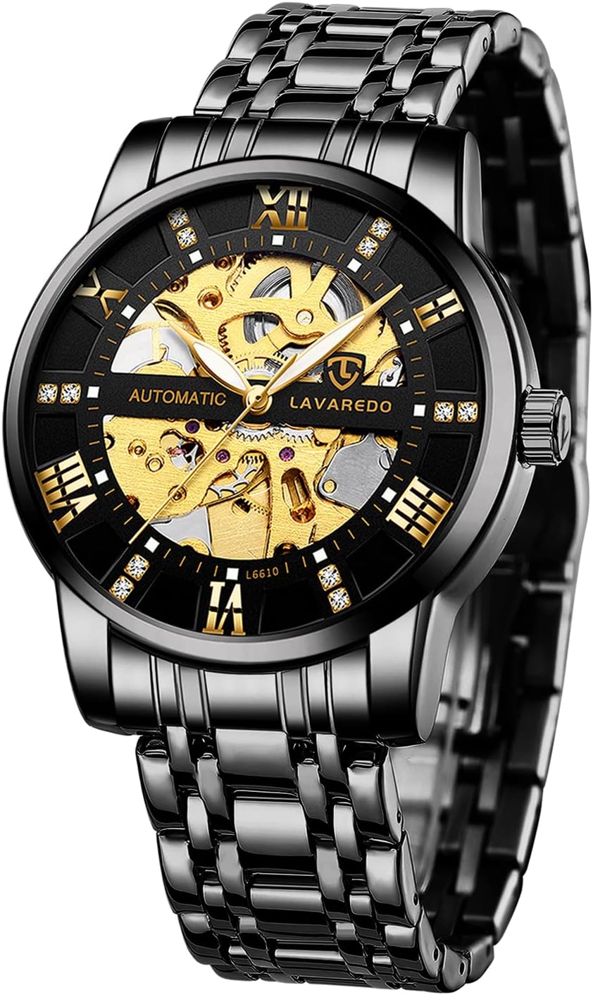 Mens Watch Skeleton Luxury Mechanical Stainless Steel Waterproof Black Automatic Self-Winding Roman Numerals Diamond Dial Wrist Watch 02-AllBlack