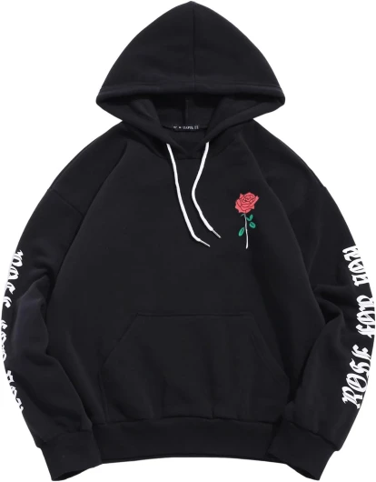 Men's Fleece Hoodie Unisex Rose Letter Print Hooded Pullover Kangaroo Pocket Sweatshirt Large Black