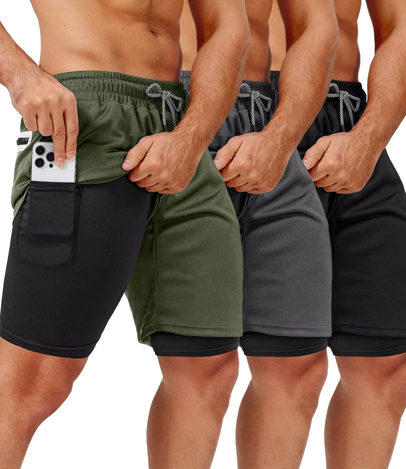 3 Pack Men's 2 In1 Gym Shorts Men with Pockets 7 inch Workout Shorts Men Running Shorts with Liner&Towel Loop Medium Black,dark Gray,army Green