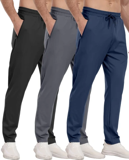 3 Pack Mens Athletic Sweatpants with Zipper Pockets,Workout Gym Joggers Pants for Men Running Jogging Pants 3 Packs-black/Dark Gray/Navy Large