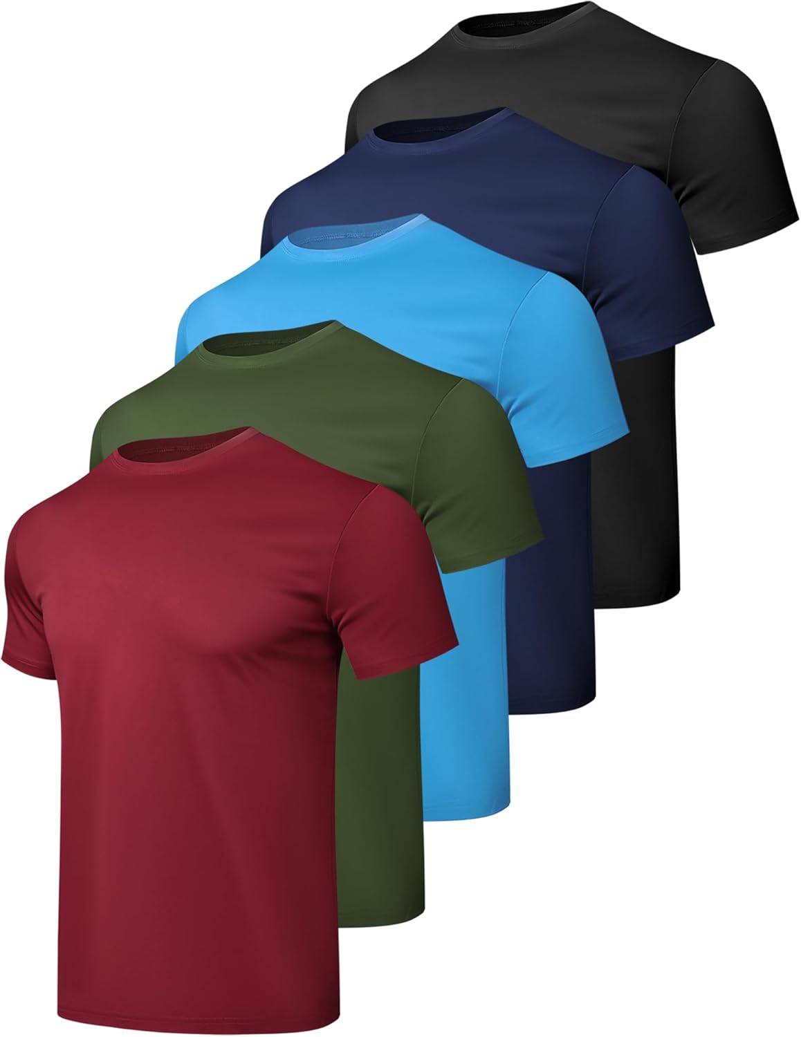 1/5 Pack Workout Shirts for Men Athletic Running Gym Quick Dry Short Sleeve Performance Moisture Wicking T Shirt Large Black/Navy Blue/Azure/Burgundy/Army Green