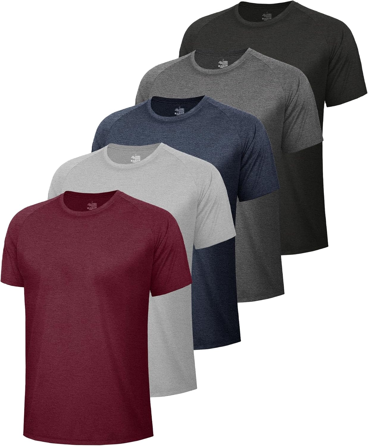 5 Pack Workout Shirts for Men-Quick Dry Black Gym Moisture Wicking Short Sleeve T-Shirts for Running Athletic Casual 1-heather Black/Dark Grey/Navy/Light Grey/Wine Large