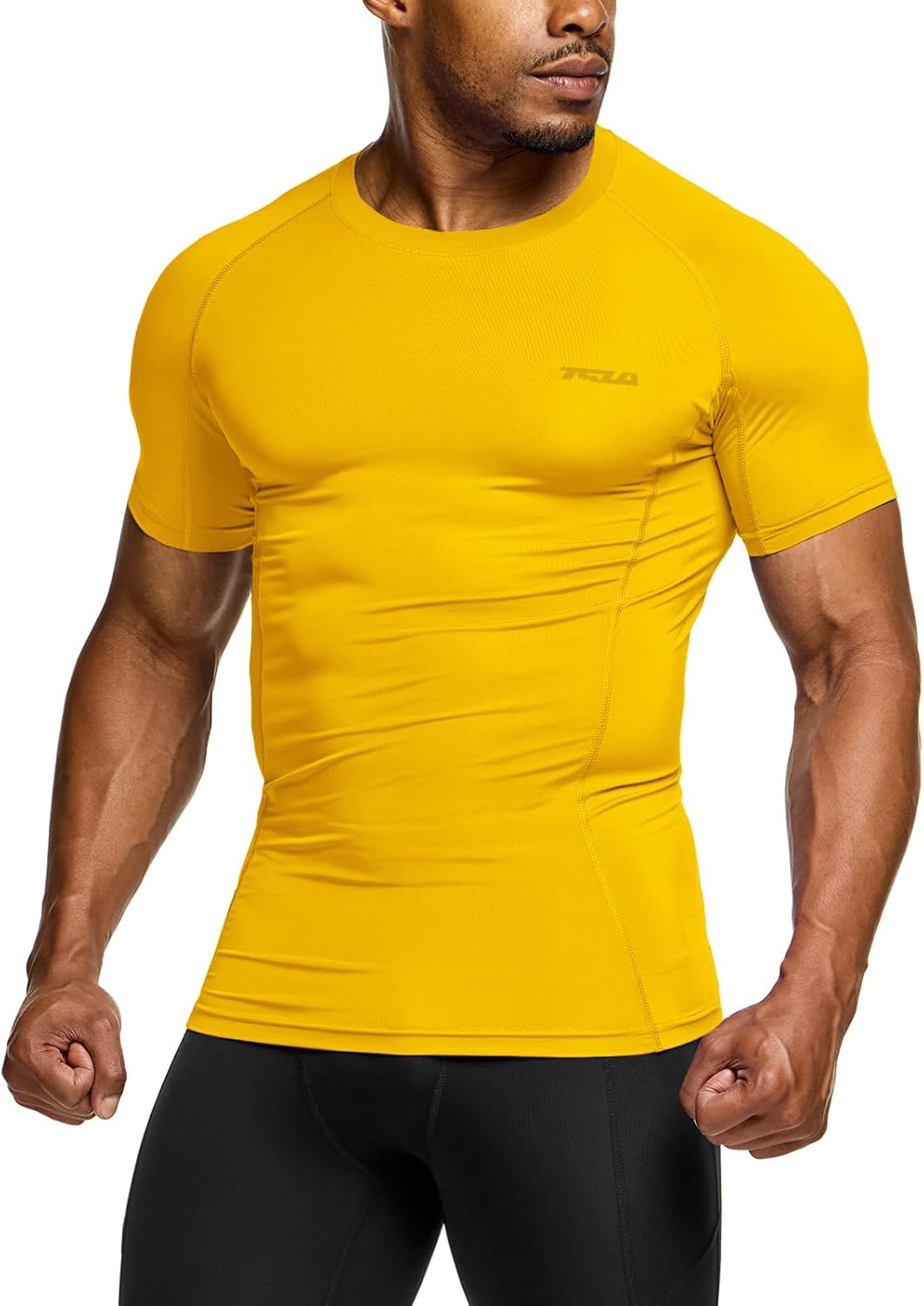 Men's UPF 50+ Quick Dry Short Sleeve Compression Shirts, Athletic Workout Shirt, Water Sports Rash Guard Athletic Top Yellow XX-Large