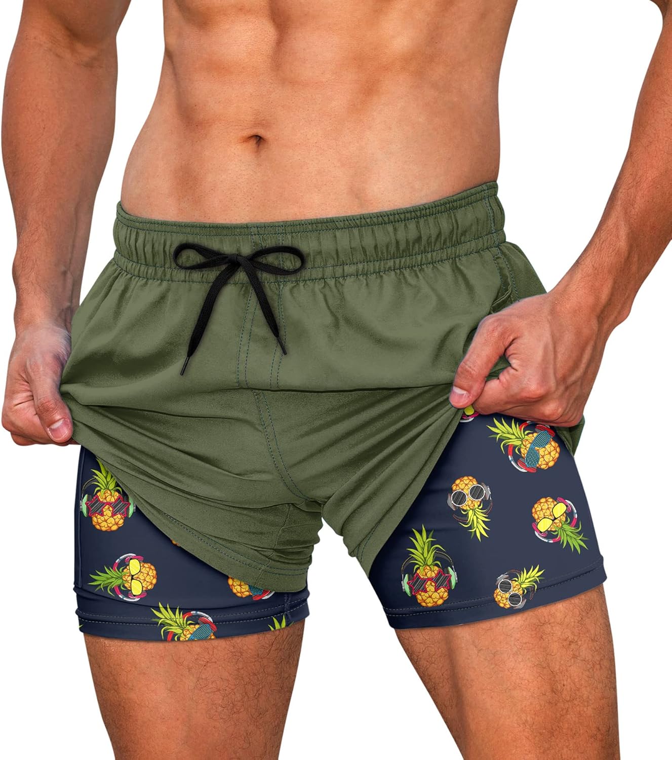 Mens Swim Trunks Quick Dry Bathing Suit with Compression Liner 5.5" Inseam Anti Chafe Beach Swim Shorts X-Large Glasses Pineapple