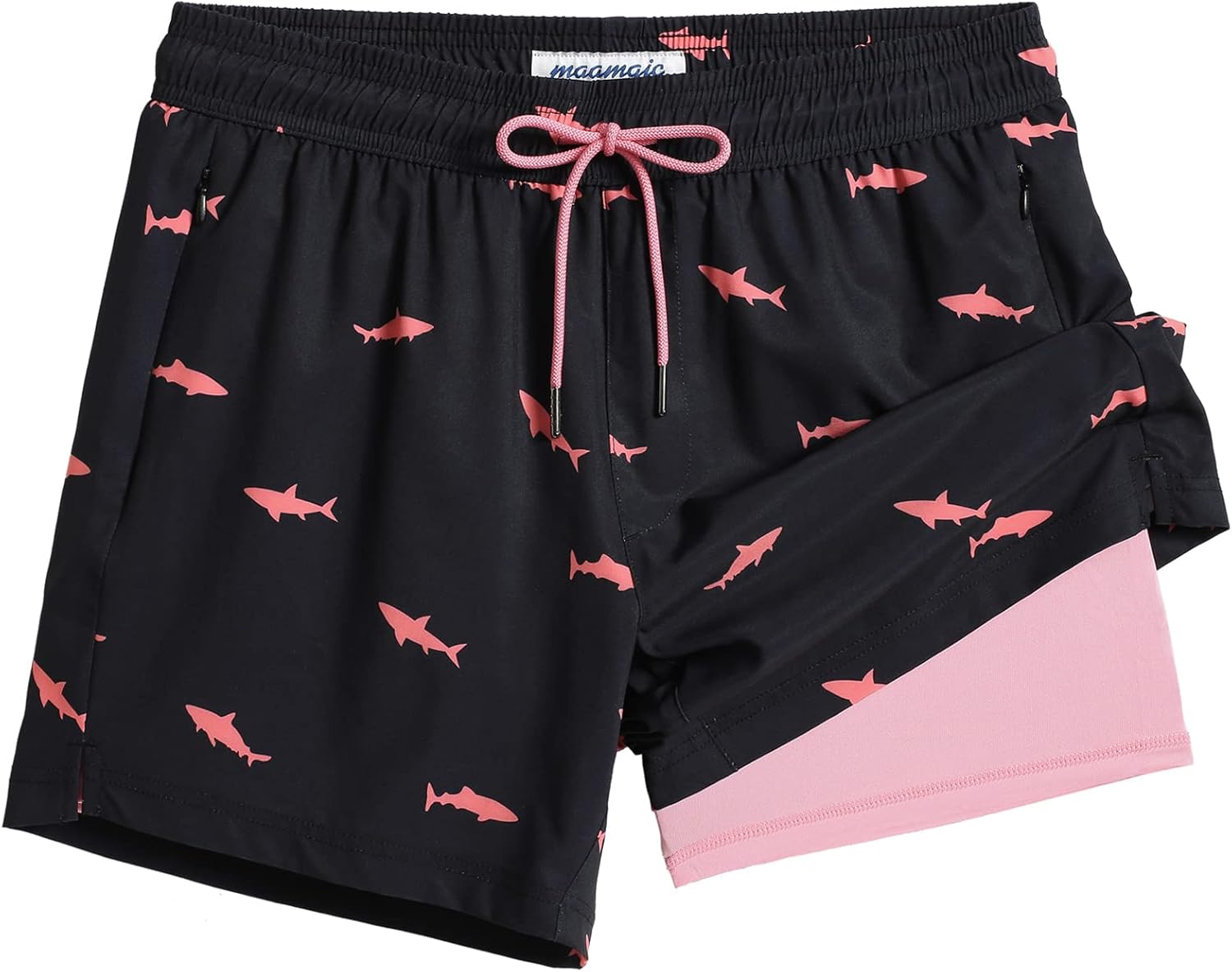 Mens Swim Trunks with Compression Liner 5" Stretch Beach Shorts Quick Dry with Zipper Pockets No-Chafing Board Shorts Black-pink Shark Medium